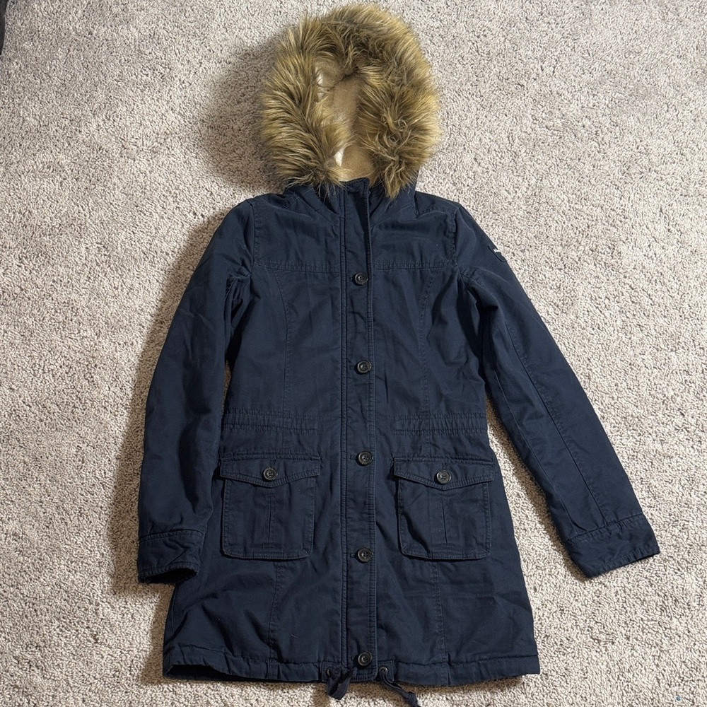 Abercrombie Vintage Y2k Blue Cotton Fur Trim Hood Anorak Parka Jacket